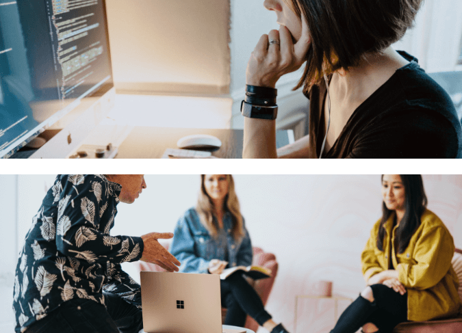 A collage of developers working on laptops.