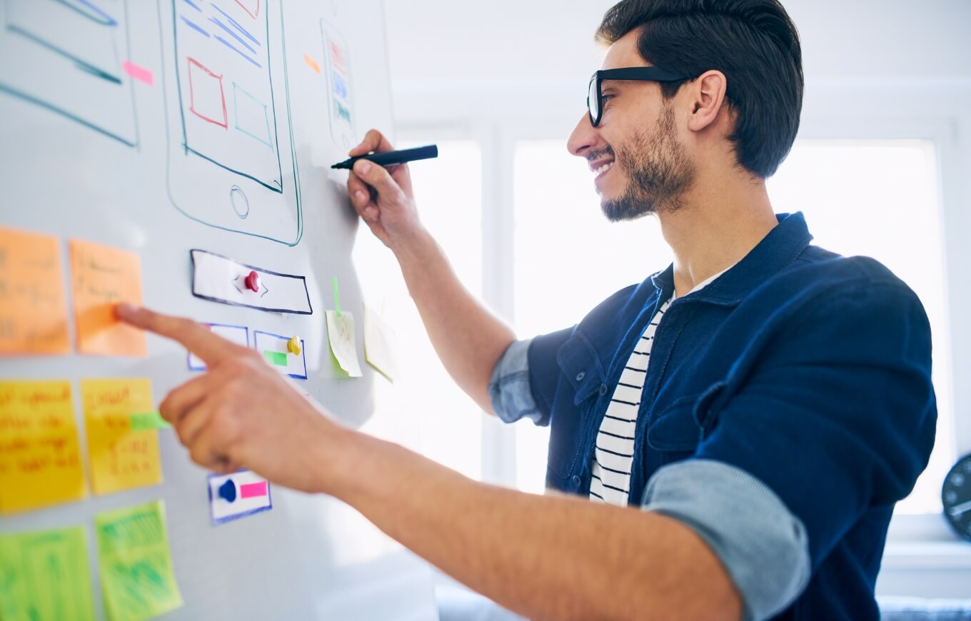 A man planning on a white board.